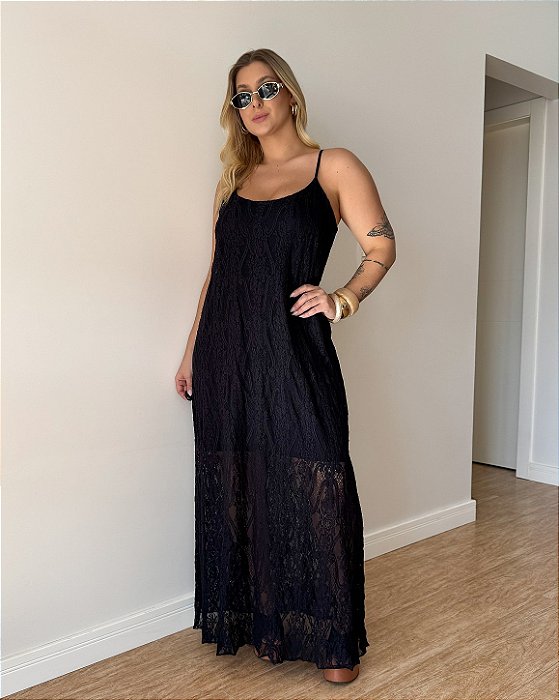 Vestido Longo Solto Ao Corpo Em Renda Com Alcinhas Paola