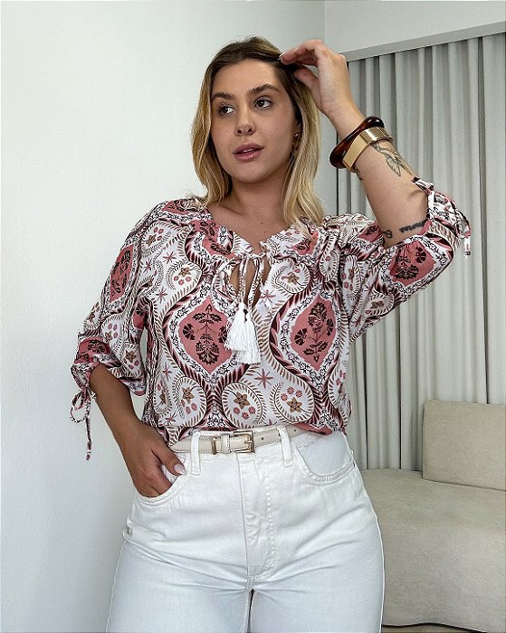 Blusa Estampada Com Amarrações Fiorella
