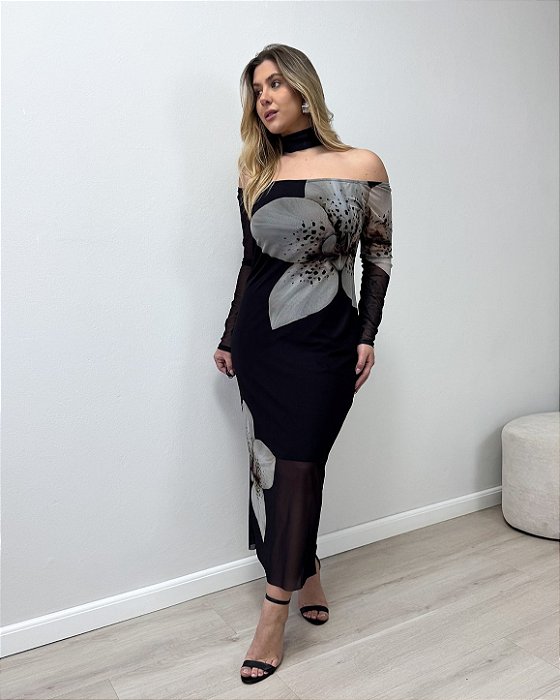 Vestido Midi Em Tule E Mangas Longas Joyce