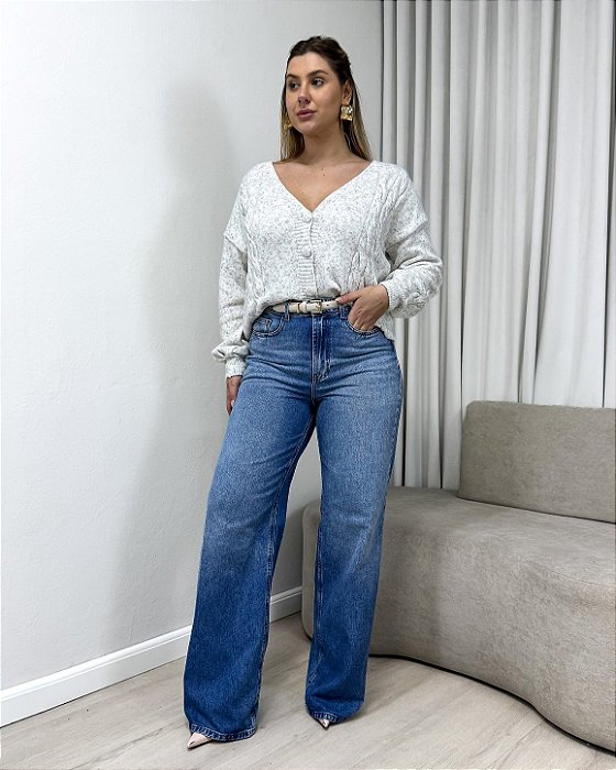 Calça Wide Leg Jeans Lavagem Média Denim Zero DZ21481