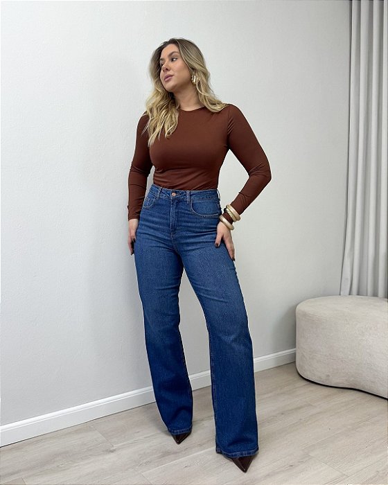 Calça Wide Leg Jeans Lavagem Escura Denim Zero DZ21492