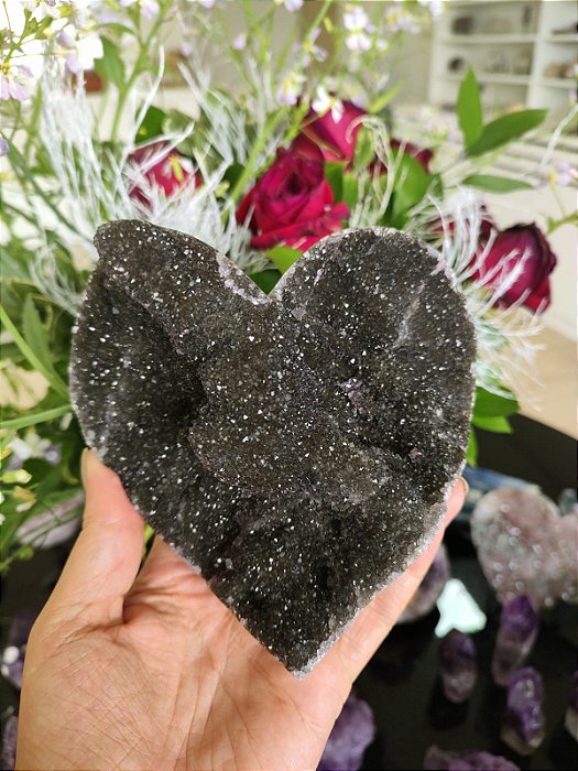 Coração Calcedônia Negra (com suporte)