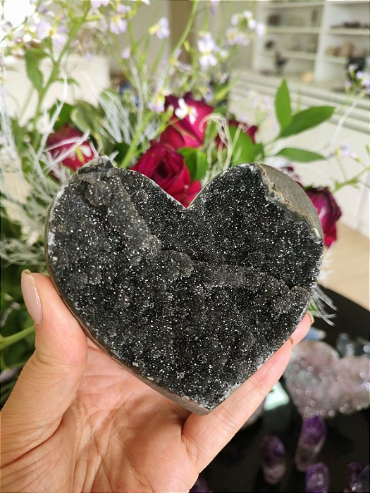 Coração Calcedônia Negra (com suporte)