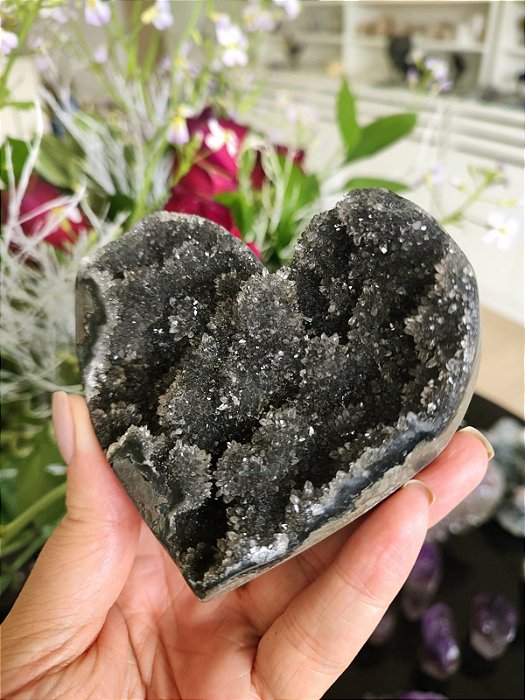 Coração Calcedônia Negra (com suporte)