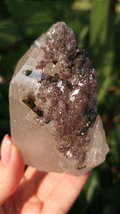 Turmalina Verde + Lepidolita no Quartzo Branco