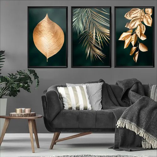 Trio com Moldura e Vidro - Folhagens Verde Gold