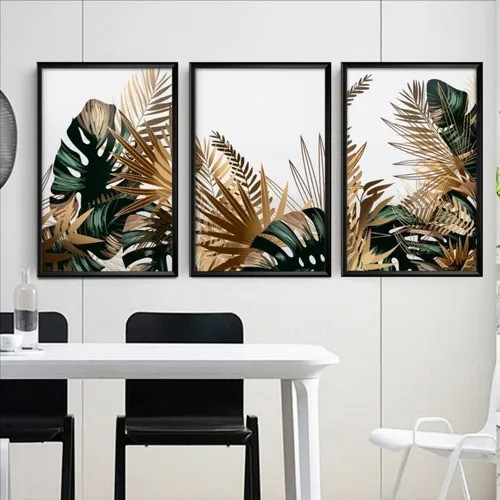 Trio com Moldura e Vidro - Folhagem Gold