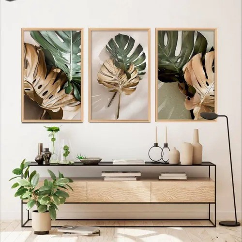 Trio com Moldura e Vidro - Folhagem tom Pastel com Verde