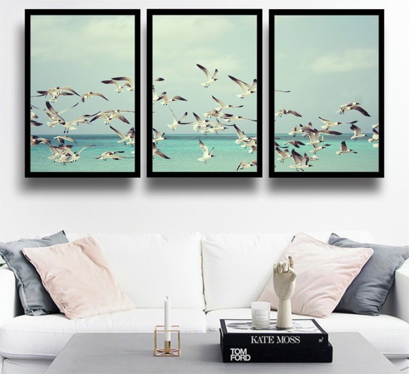 Trio com Moldura e Vidro - Gaivotas Mar