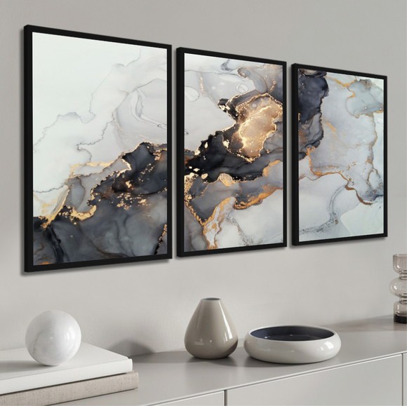 Trio com Moldura e Vidro - Marmorizado preto com Dourado