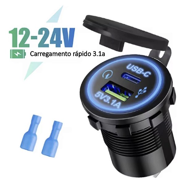 Tomada Usb e Usb-C Veicular Turbo 3.1 2 Saídas - Escolha Sua Cor