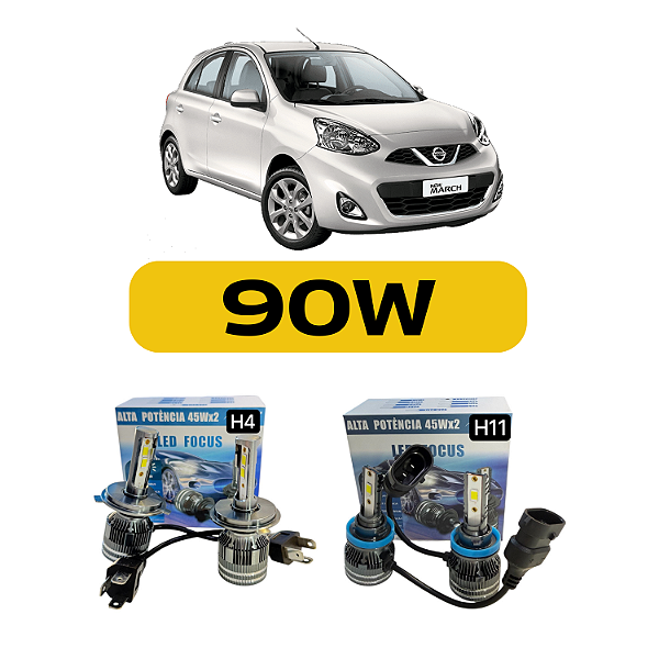 Kit LED Nissan March (2011 a 2020) Farol Alto Baixo e Milha