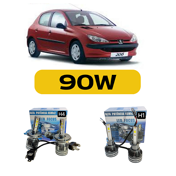 Kit Led Peugeot 206 (1998-2003) Foco Simples - Farol Alto, Baixo e Milha