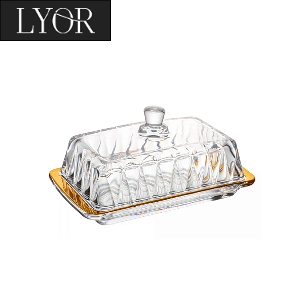 Manteigueira de Cristal com Tampa e Fio de Ouro Radial 18cm x 10,5cm x 8cm - Lyor