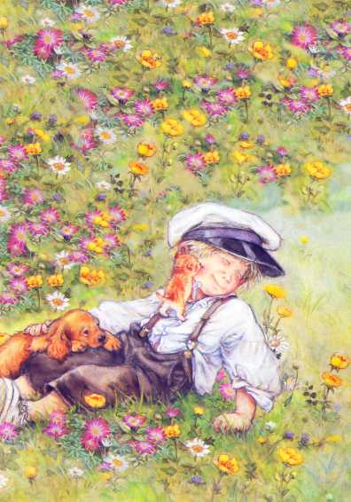 Papel de carta menino e cachorrinho no jardim de flores Lisi