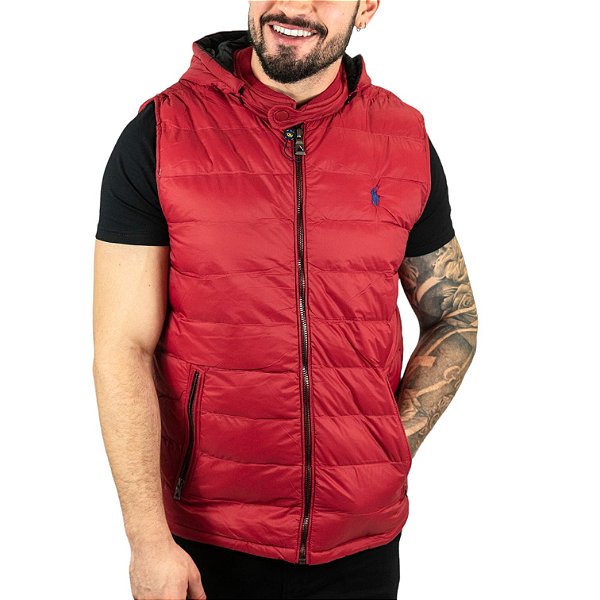 Colete Puffer Vermelho Com Capuz