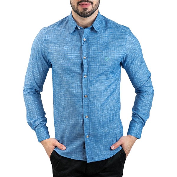 Camisa VersatiOld Linho Quadriculado Custom Fit Azul