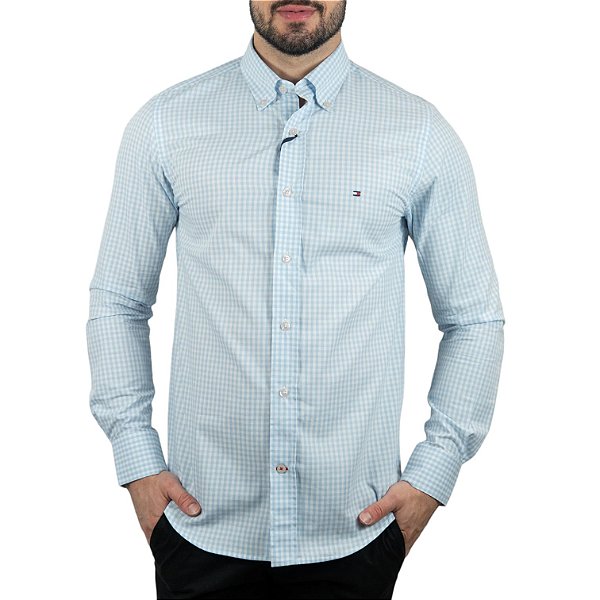 Camisa Tommy Hilfiger Xadrez Custom Fit Azul Claro