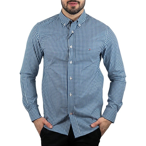 Camisa Tommy Hilfiger Xadrez Custom Fit Azul Marinho