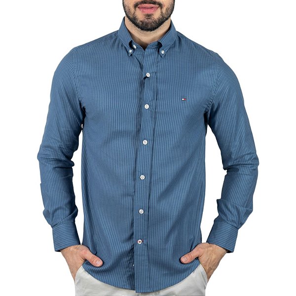 Camisa Tommy Hilfiger Custom Fit Listrada Azul Marinho
