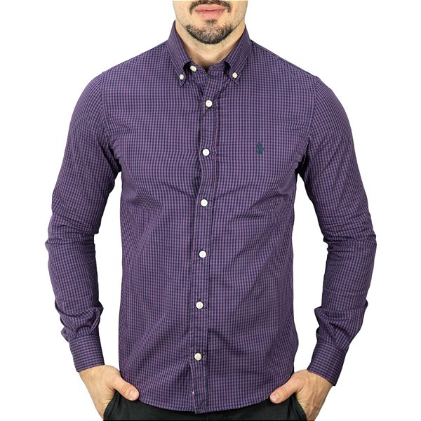 Camisa Masculina Manga Curta - Xadrez Azul Escuro, Roxo e Creme - ABCI