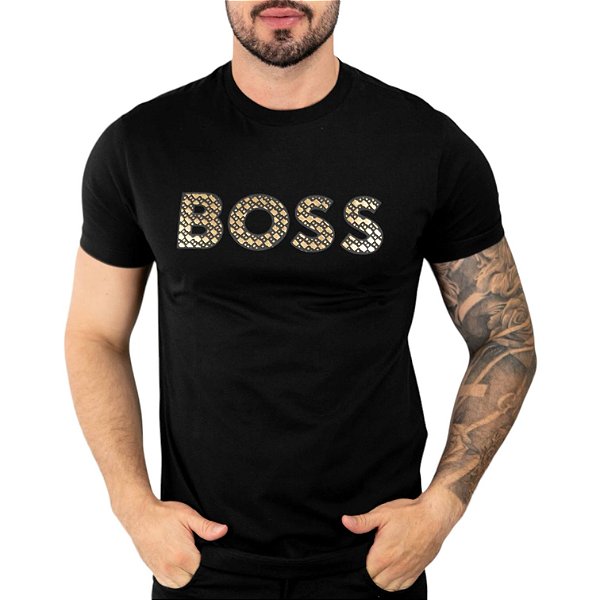 Camiseta Boss Logo Patch Monogramado Preta - SALE