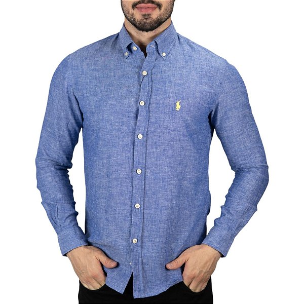 Camisa RL Linho Custom Fit Azul Mescla