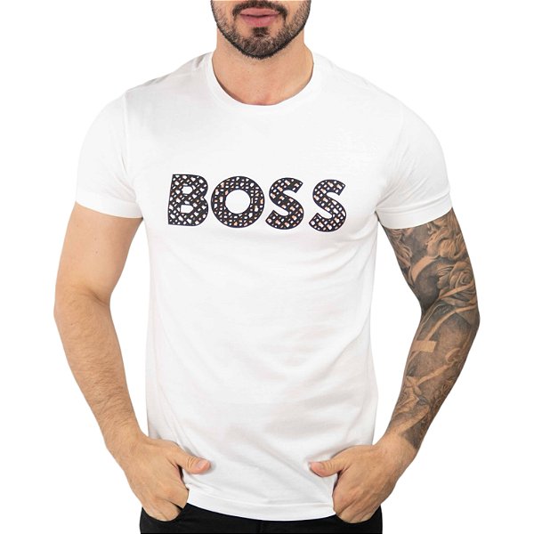 Camiseta Boss Logo Quadriculado Off White