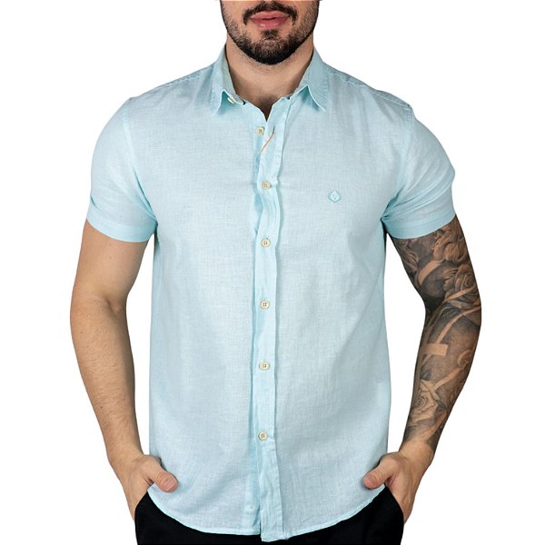 Camisa Linho VersatiOld Custom Fit Manga Curta Azul Capri