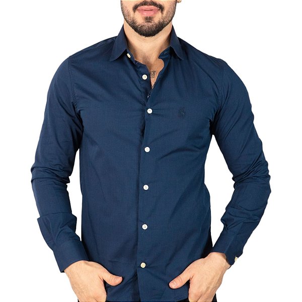 Camisa RL Slim Fit Algodão Monocromática Azul Marinho