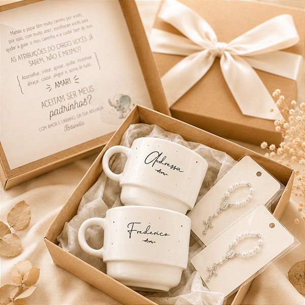 Caixa Elegante para Padrinhos de Batismo – Kit com Canecas Personalizadas