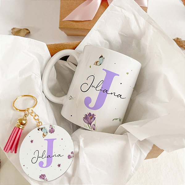 Lembrança Personalizada Caneca com Nome + Chaveiro e Caixa de Presente