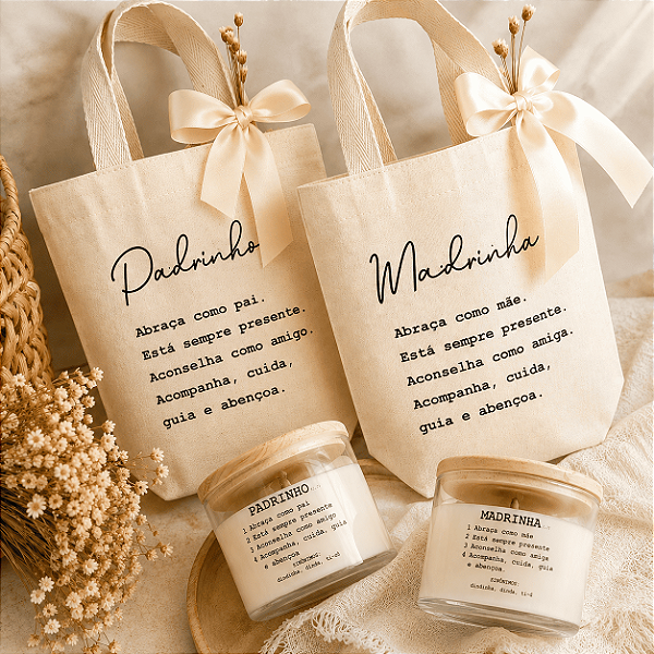 Kit Lembrança Batizado Padrinhos Madrinha Vela Aromática e Mini Ecobag Decorada Convite Dindo Dinda