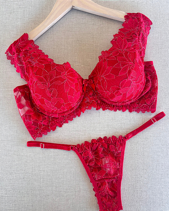 1244 - Conjunto Rendado Luxo com Fios Dourados