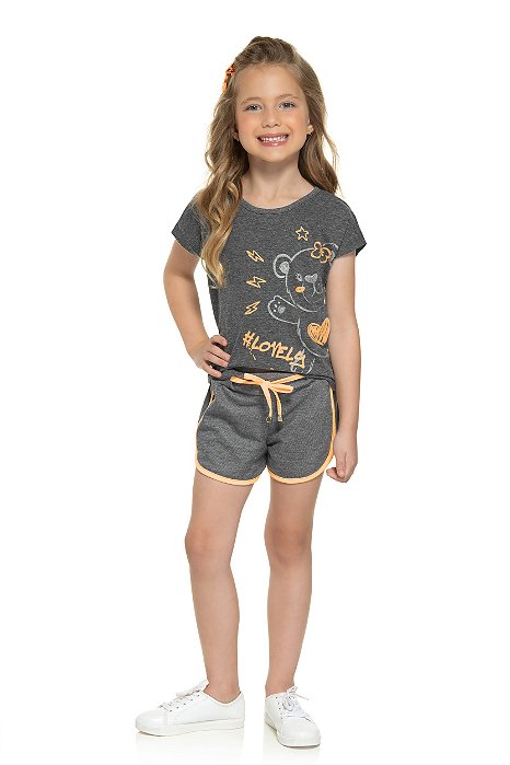 Conjunto Infantil Feminino Blusa Meia Malha e Shorts Moletom TileeSul