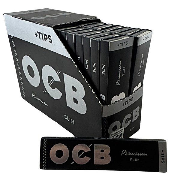 Caixa Seda Ocb Preta Premium Slim + Piteira Ks Folha Branca