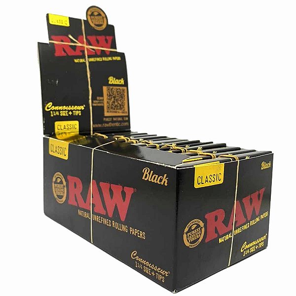 Caixa Seda Raw Black Original 1 1/4 + Piteira De Papel C/24 Livretos