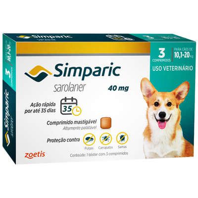 Antipulgas Simparic 40mg Cães de 10,1 a 20kg 3 Comprimidos