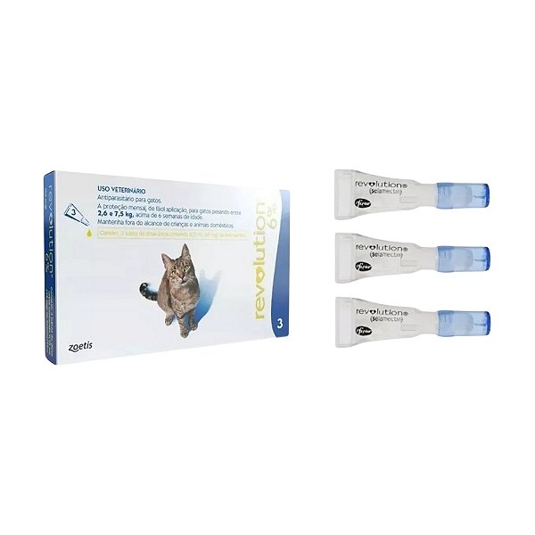 Antipulgas Revolution 6% Gatos 2,6 e 7,5kg 3 Pipetas Zoetis