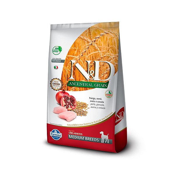Ração N&D Ancestral Grain Cão Adult Raça Média Frango 10,1Kg