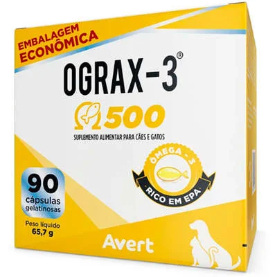 Ograx‑3 500 mg (Ômega‑3) para Cães e Gatos 90 Cápsulas