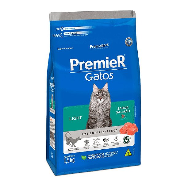 Ração Premier Ambientes Internos Light Gato Adulto Salmão 7,5kg
