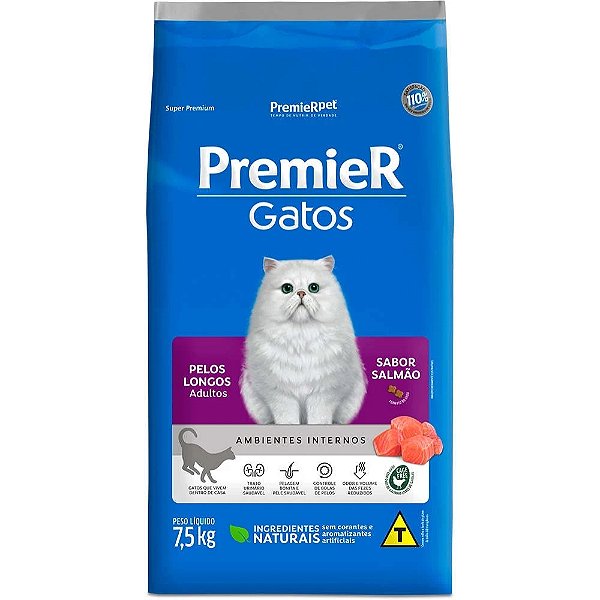 Ração Premier Ambientes Internos Pelos Longos para Gatos Adultos Sabor Salmão 7,5kg