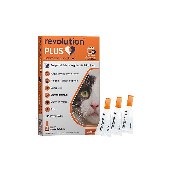 Revolution Plus para Gatos 2,6kg a 5kg 0,50mL com 3 Bisnagas – Proteção Completa
