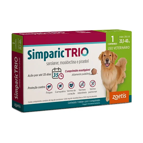 Antipulgas Simparic Trio 48mg (20,1/40KG) c/ 1 comprimido