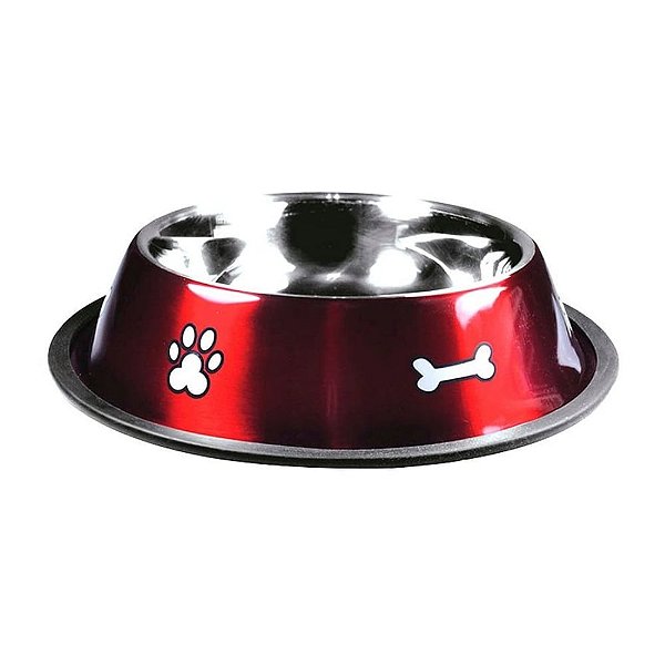 Comedouro Antiderrapante Inox para Cães e Gatos Vermelho 26cm