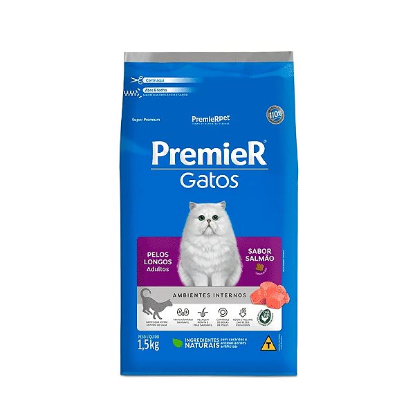 Ração Premier Ambientes Internos Pelos Longos Gato Adulto Salmão 1,5kg