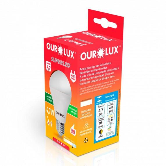 Lampada LED bulbo 4,7W Cor branca (6500K) Ourolux