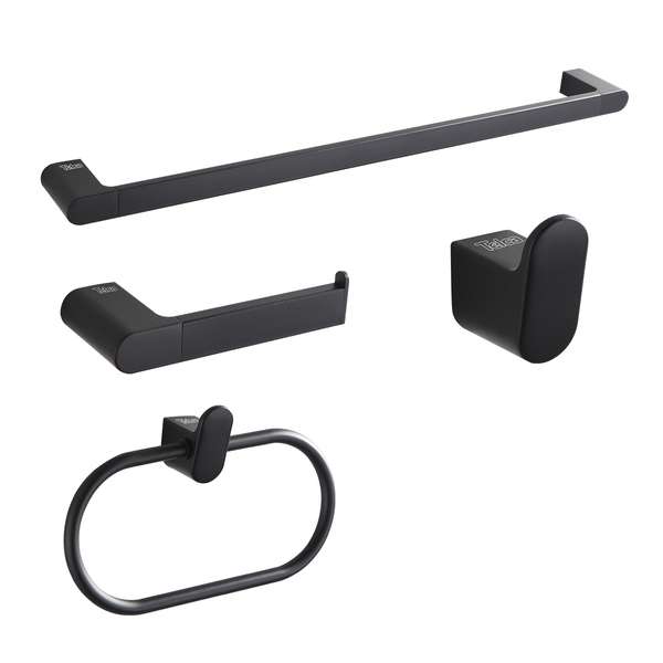 KIT ACESSORIOS BANHEIRO METAL PRETO FOSCO ARREDONDADO 4 PCS TELCA 99100