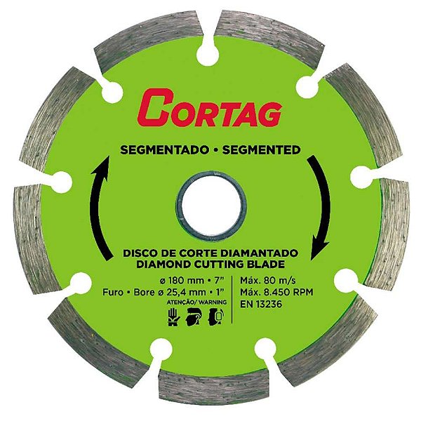 DISCO DIAMANTADO 180MM SEGMENTADO FURO O25,4/ REDUCAO O22,2 CORTAG